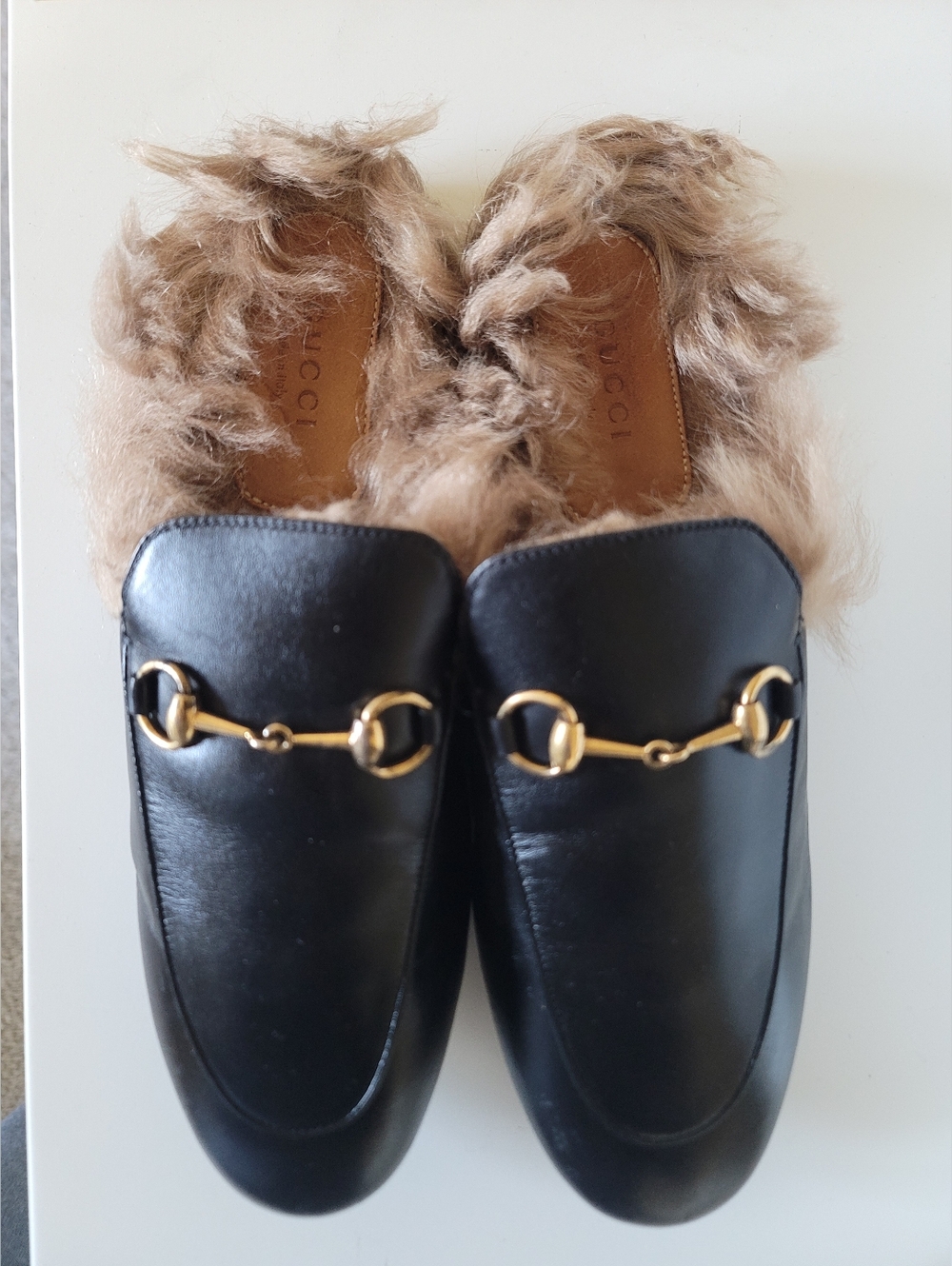 Gucci - Black Princeton Leather Fur Lined Mules - size 38